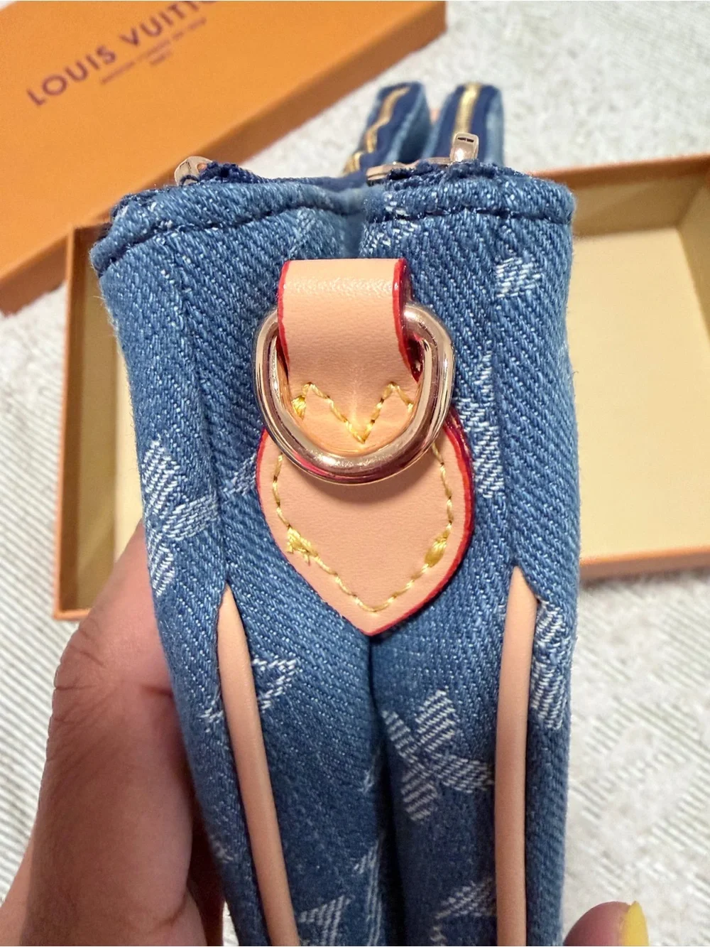 Blue Denim Monogram Zip double Pouch with Straps & Gold Plaque